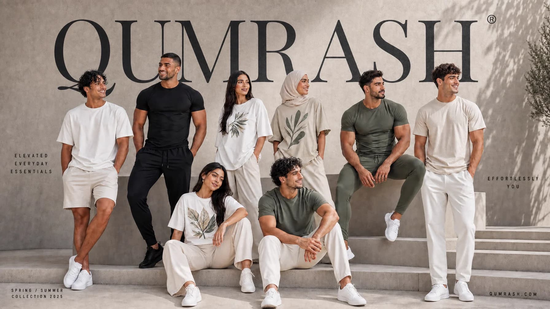 QUMRASH Spring/Summer campaign — elevated everyday essentials worn by the collective